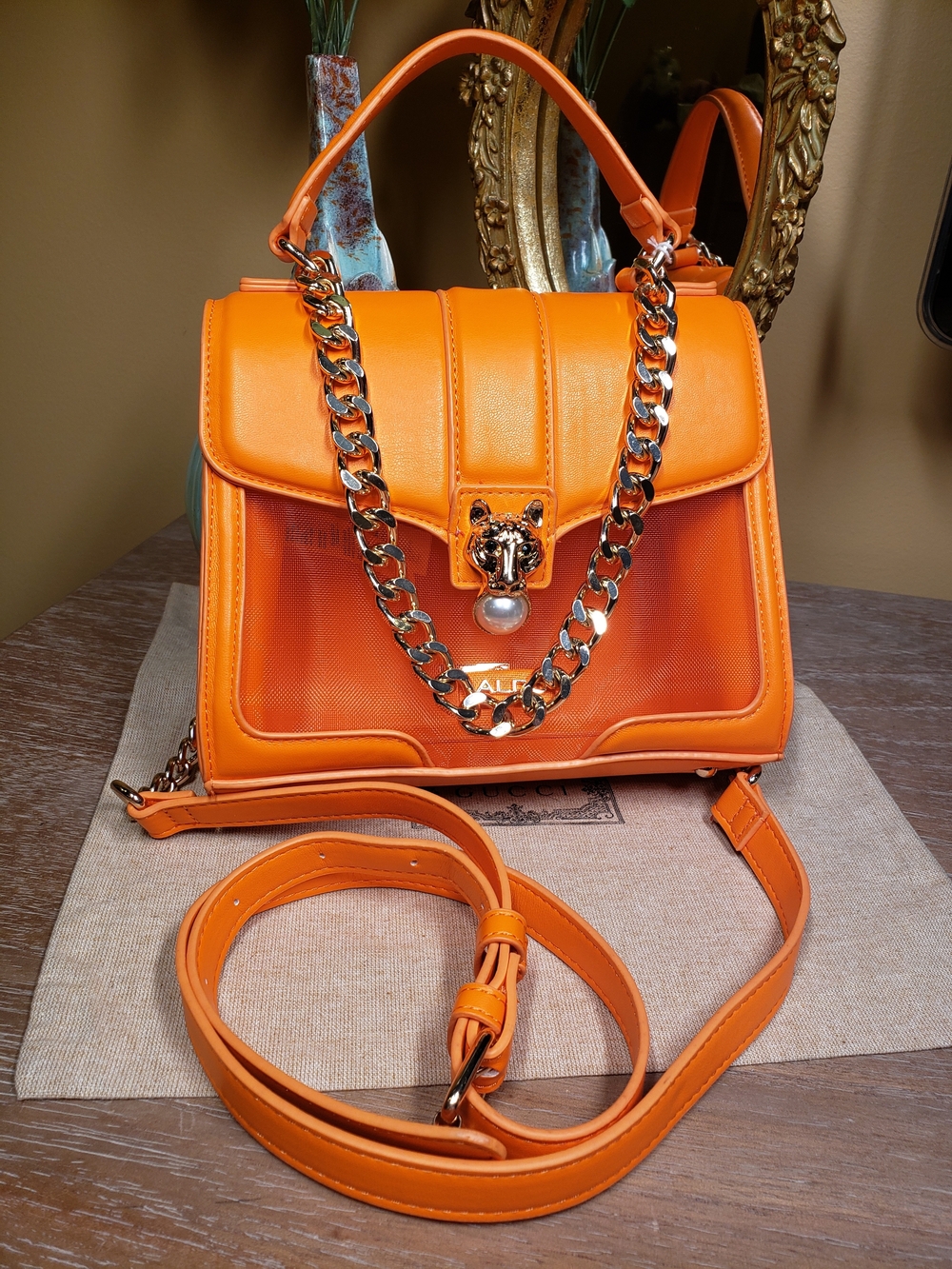 Aldo Orange Mesh Stadium Satchel / Crossbody Bag w/ Tiger & Chain Detail - Picture 4 of 12